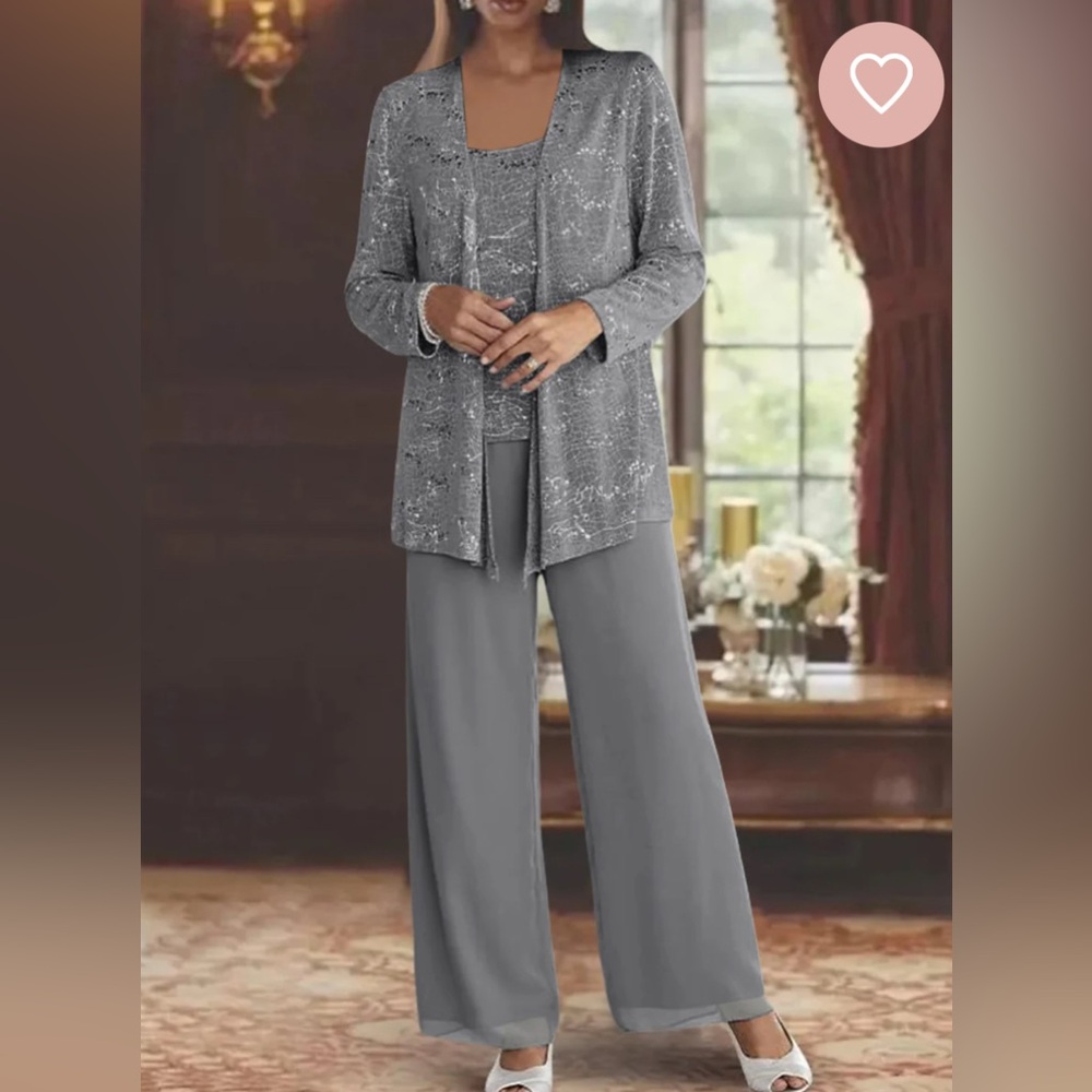 Elegant Gray Wide Leg 3 Piece Pants Set